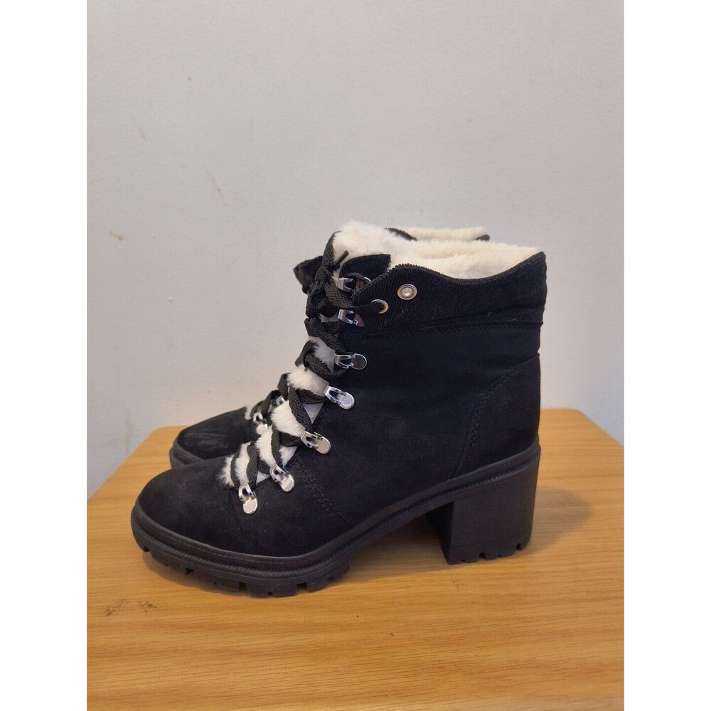 Jelly Pop Combat Boots Black Size 9M Lug Heeled Sole, Faux Sherpa Fur Lining